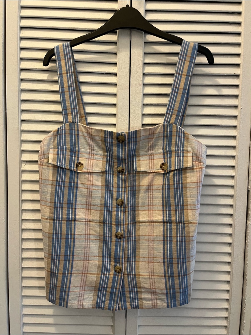 Sezane Samuel Blue and Tan Striped Button-Front Tank M
